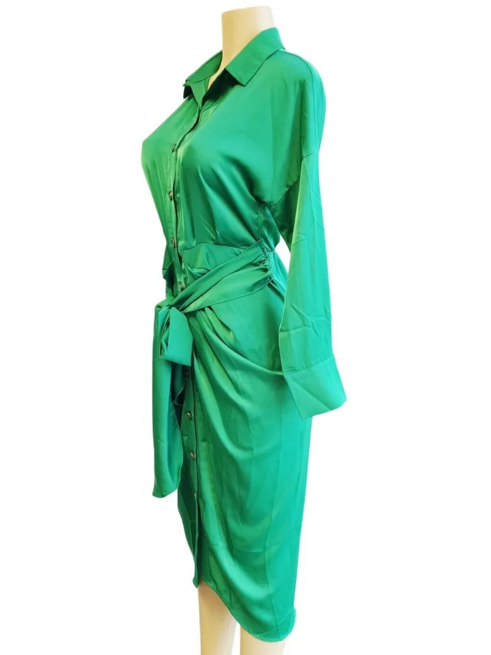 BTBFM Womens Satin Green Button-Down Tie-Waist Long-Sleeve Midi Shirt Dress S - Picture 5 of 8